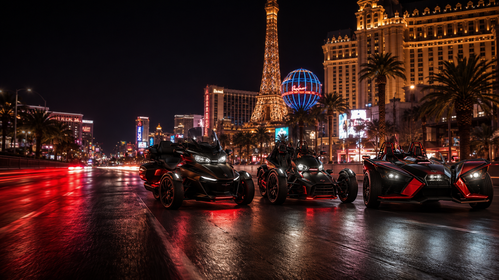 Three-wheel motorcycles riding the Las Vegas Strip at night